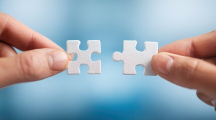 Two Human Hands Connecting White Puzzle Pieces Against a Soft Blurred Background, Symbolizing Problem Solving and Teamwork Concept