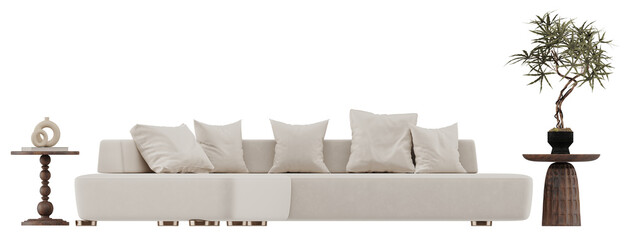 Front view of modern beige sofa with decorative pillows, wooden side tables, and indoor plant isolated on transparent PNG background