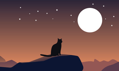 Silhouette of a Cat Sitting and Watching the Moon