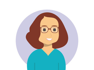 Happy smiling young woman with glasses Cheerful student or professional girl character avatar. Modern flat cartoon vector illustration of a friendly face with wavy hair.