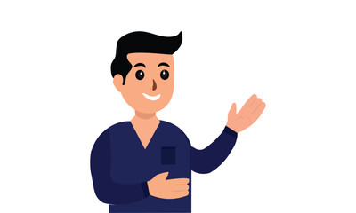 Young men standing one waving with a blue shirt on a white background