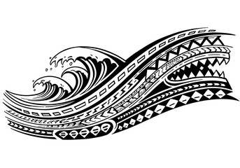 Maori-inspired tattoo design featuring waves and a shark mouth.