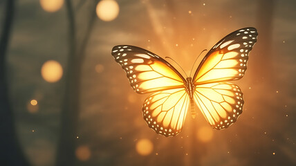 A glowing golden and brown butterfly with sparkly spheres and stars in the background.