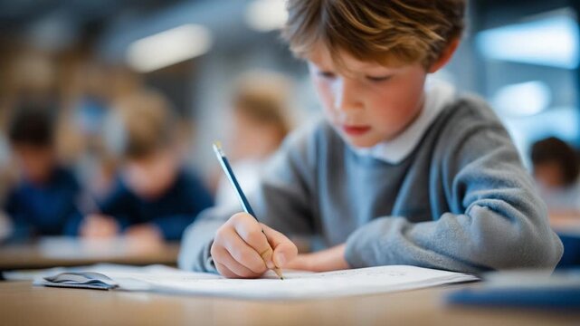 A child's hand grips a pencil, solving math problems in a softly lit classroom with blurred classmates and desks in the background.
