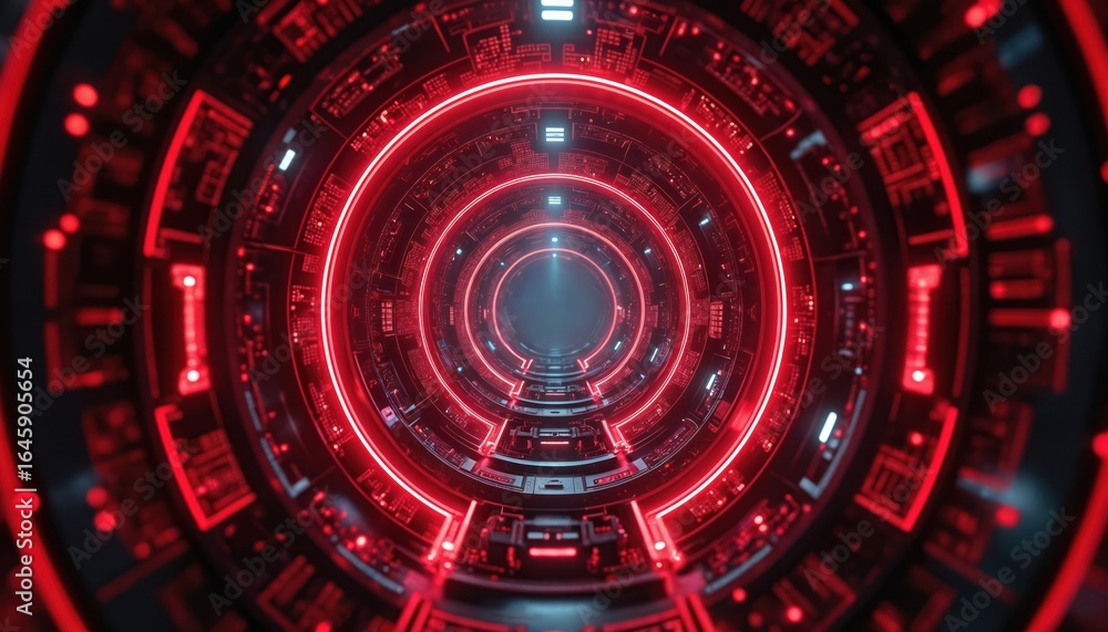 Poster futuristic digital tunnel with glowing red neon lights, intricate circuitry. abstract concept of tec