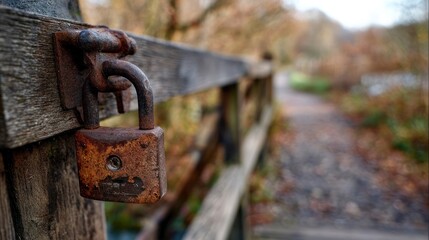 Rusty padlock on wooden bridge railing