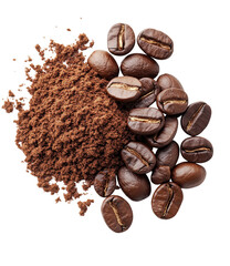 Scattered roasted coffee beans and ground coffee isolated on transparent background