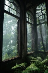 Fototapeta premium Overgrown Window View: Lush Ferns and Forest Beyond, Abandoned Building