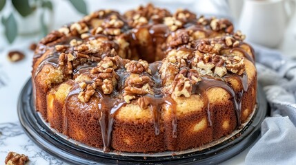 Delicious Round Cake with Glazed Topping and Nuts on Table