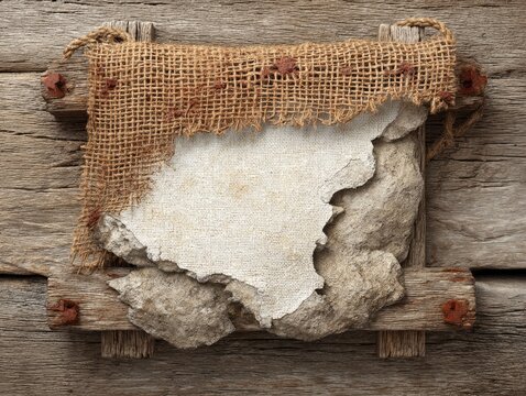 Aged, rustic stone panel framed by weathered wood and burlap