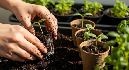 Delicate Hands Planting Seedling with Visible Roots in Rich Soil, Water Droplets on Leaves