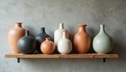Set of ceramic vases displayed on wooden shelf against textured concrete wall. Includes terra cotta, speckled white, dark gray, light green vases in various shapes, sizes, offering minimalist, modern