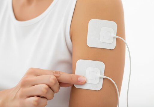 Applying TENS Unit Electrode Pads on Upper Arm for Physiotherapy