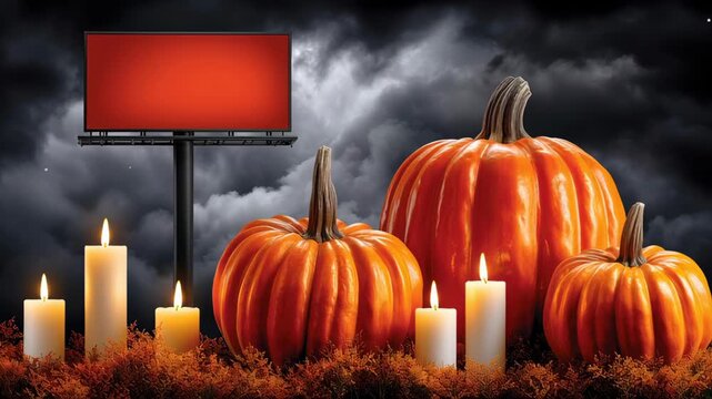 Vibrant Orange Pumpkins and Glowing White Candles Creating a Spooky Halloween Atmosphere with Dark Stormy Background