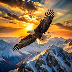 Obraz premium Bald eagle soars over snowy mountain peaks during a vibrant sunset
