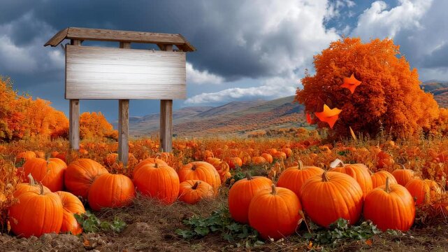 Vibrant Pumpkin Patch with Lush Orange Pumpkins Surrounded by Autumn Foliage and a Blank Wooden Sign Under a Partly Cloudy Sky