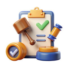 3d gavel and checklist with checkmarks isolated on transparent background