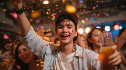 Celebration event with joyful people in nightclub fun atmosphere vibrant confetti lively gathering