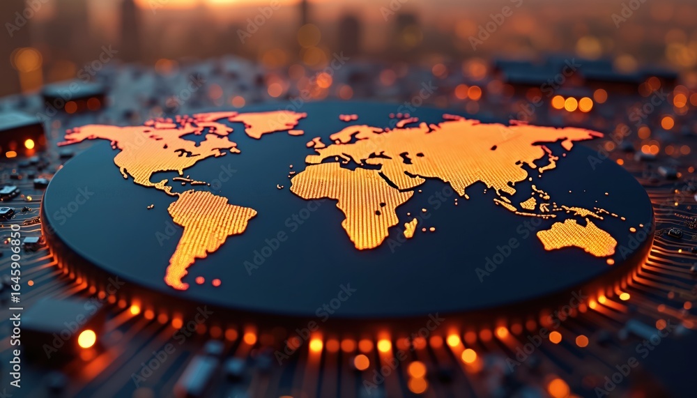 Poster circular global map etched on microchip interconnected semiconductor trade. modern technology, globa