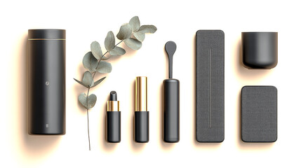 Obraz premium Modern minimalist dark grey travel dental hygiene kit with toothbrush and accessories arranged flat lay