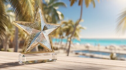 Glitzy Star Trophy on a Tropical Beach with Sunlight and Palm Trees