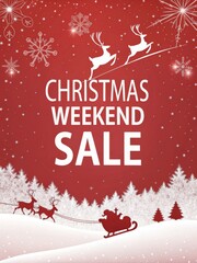 Festive Christmas weekend sale banner with red background, sparkling stars, Santa sleigh silhouette, and bold sale typography