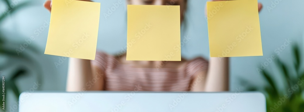 Poster productivity tools workflow remote concept. person holding sticky notes in front of a laptop.
