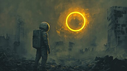 Astronaut Standing in a Burnt City