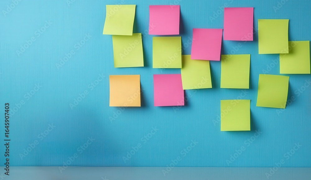 Poster productivity tools workflow remote concept. colorful sticky notes on a blue background for notes and