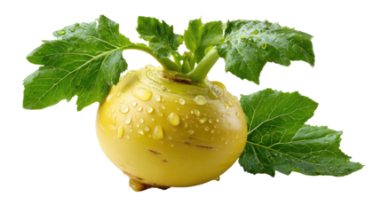 Fresh Rutabaga with Green Leaves: A close-up shot of a single, fresh rutabaga with vibrant green leaves, showing a visual appeal that stimulates one’s appetite.
