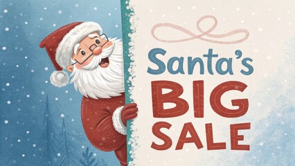 Fun Christmas sale banner with Santa peeking from corner holding discount sign, snowy background, and bold festive typography