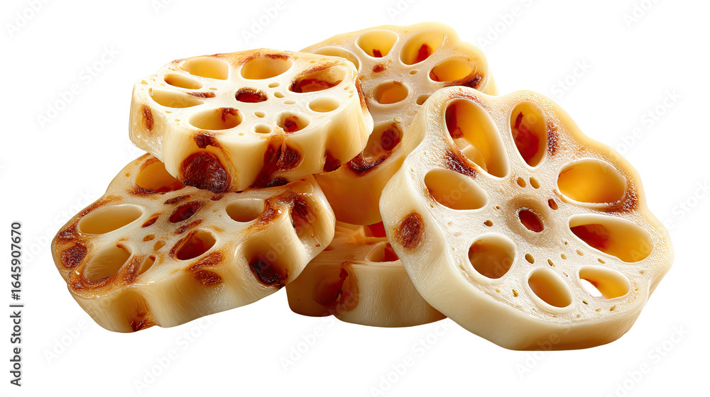 Poster sliced lotus root: captivating close-up shot of sliced lotus root, revealing its intricate, holey pa