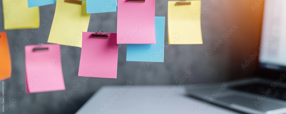 Poster productivity tools workflow remote concept. colorful sticky notes on clips with a laptop in a modern