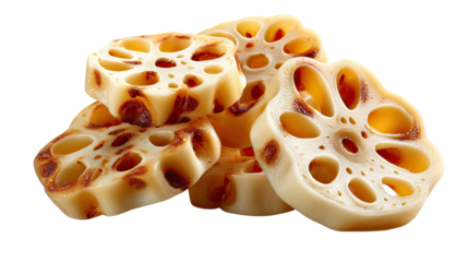 Sliced Lotus Root: Captivating close-up shot of sliced lotus root, revealing its intricate, holey pattern. A symbol of purity and luck.