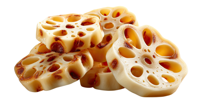 Sliced Lotus Root: Captivating close-up shot of sliced lotus root, revealing its intricate, holey pattern. A symbol of purity and luck.