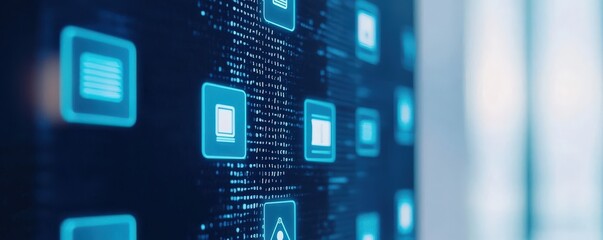 Productivity Tools workflow remote concept. Digital interface with glowing icons on a dark background.