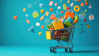 Shopping cart overflows with colorful product icons representing online retail, e-business. Diverse items like fashion, electronics, groceries symbolize consumer purchases, marketing, digital sales.