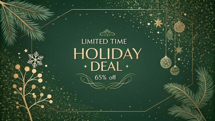 Luxury Christmas sale banner with dark green and gold glitter background, minimal pine branches, and bold 65% discount text