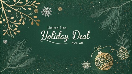 Luxury Christmas sale banner with dark green and gold glitter background, minimal pine branches, and bold 65% discount text