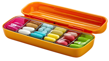 Organized Medication: A meticulously arranged pill organizer, filled with a colorful array of medications, signifies the care and organization in healthcare and well-being. 
