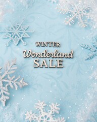 Luxury winter wonderland sale banner with icy blue frosted background, elegant silver typography, and magical Christmas snowflakes