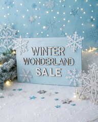 Luxury winter wonderland sale banner with icy blue frosted background, elegant silver typography, and magical Christmas snowflakes