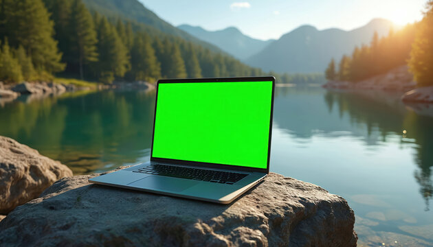 Laptop with green screen sits on rock by tranquil lake. Technology device set in nature, ideal for remote work or content creation mockups. Peaceful outdoor workspace amidst forest and mountains. - Powered by Adobe