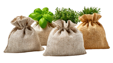 Aromatic Herbs in Rustic Sacks: A vibrant display of fragrant herbs overflows from rustic burlap sacks, capturing the essence of fresh flavors and culinary delights. 