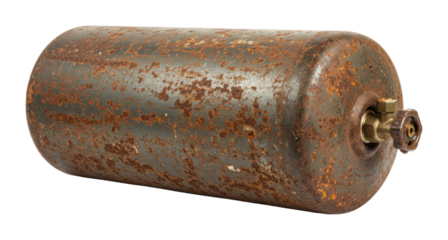 Inspecting a rusty gas cylinder industrial setting safety concerns. Cut out png