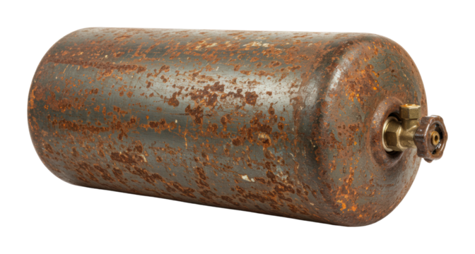Inspecting a rusty gas cylinder industrial setting safety concerns. Cut out png