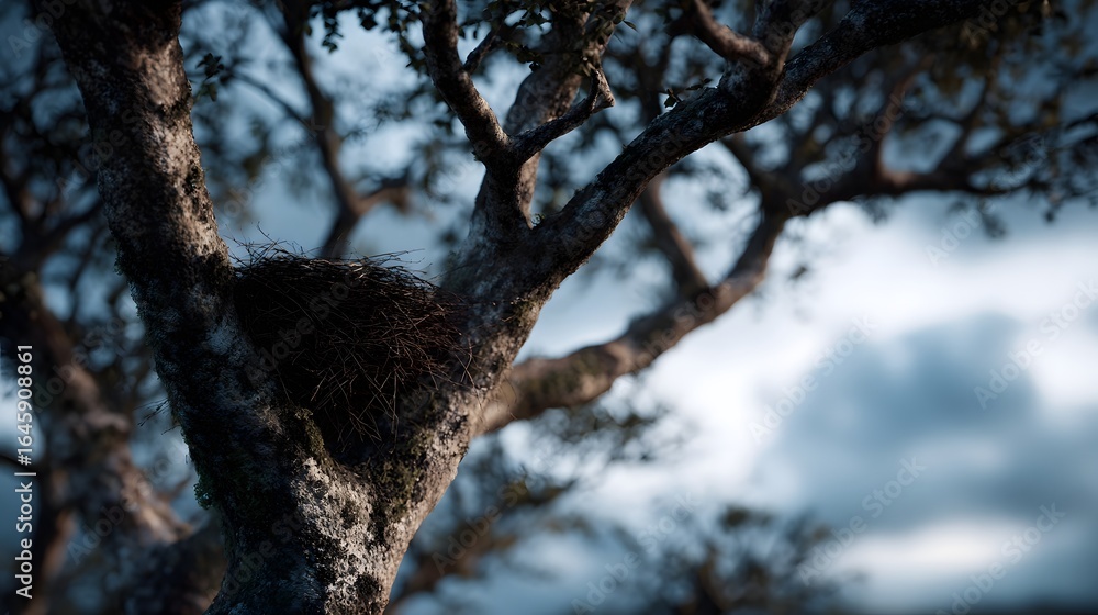 Poster weathered tree with bird s nest in its branches set against a moody atmospheric sky