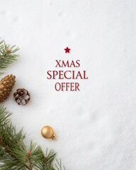 Minimal Christmas sale banner with snowy white background, bold red typography, and single pine branch with golden ornament