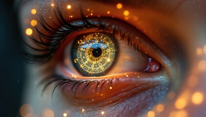 Mysterious eye with glowing golden astrological symbols and geometric shapes. This illustration conveys ancient wisdom and mysticism, featuring intricate patterns and ethereal light.