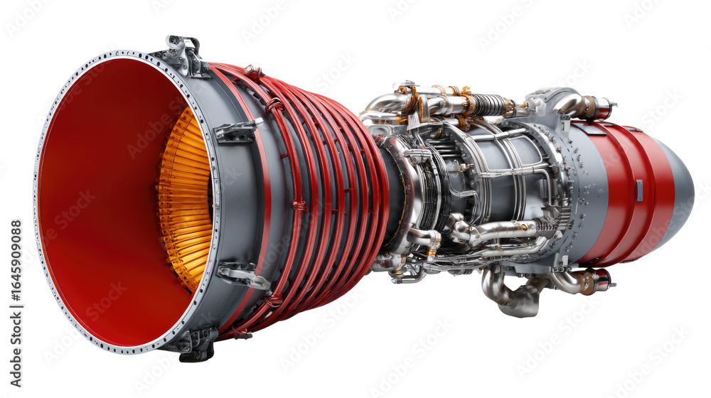 Poster rocket engine design: a detailed view of a complex rocket engine, showcasing its intricate component